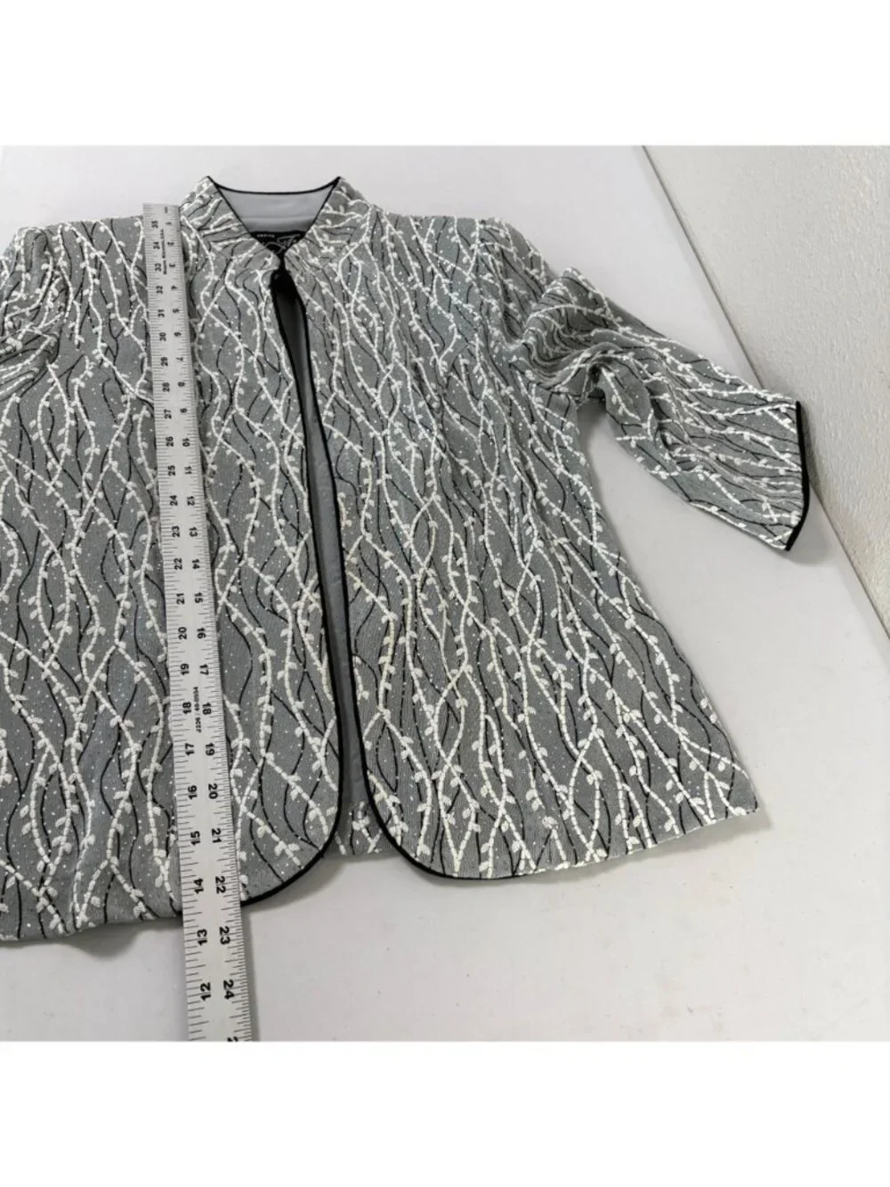 Alex Evenings Jacket Petite S SP Gray Black Metallic 3/4 Sleeves Mandarin Collar